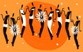 Nine girls dancing, mandalas, orange background